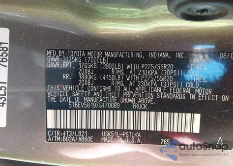 2007 Toyota Tundra Limited 5.7L V8 from USA, damaged, VIN 5TBEV58197S470089